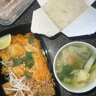 White rice, tofu pad Thai, clear broth chicken soup