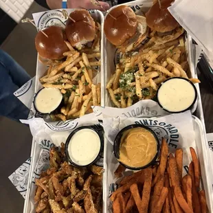 Filet mignon sliders, pickle fries, sweet potato fries