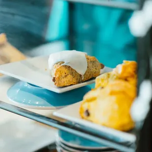 pastries on display in glass case