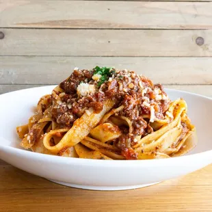 Bolognese sauce over tagliatelle noodles from Pinwheel Pasta