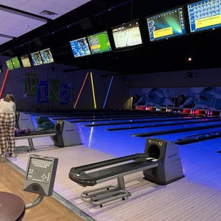 a bowling alley with bowling lanes