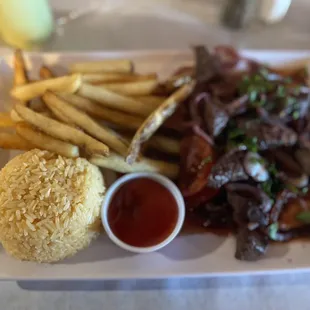 a plate of french fries and a burger