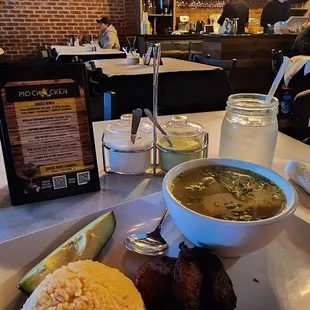 a plate of food and a drink