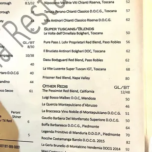 Italian wine list