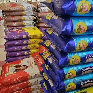 a stack of bags of rice