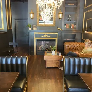 seating and fireplace