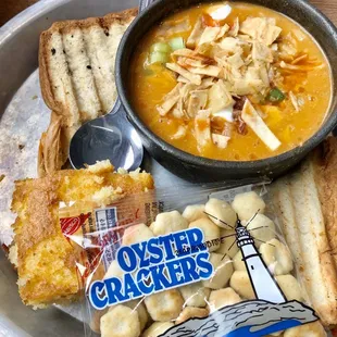Chicken tortilla soup, corn bread, pimento cheese panini