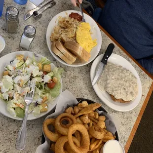 Country fried steak, app platter , huge side salad