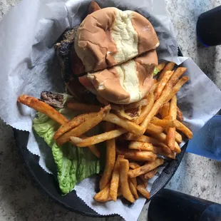 Bacon Cheeseburger with seasoned fries.