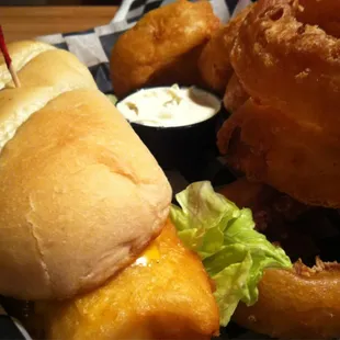 a burger and onion rings