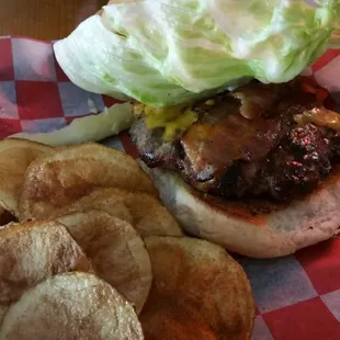Spicy Bacon Cheeseburger and homemade chips