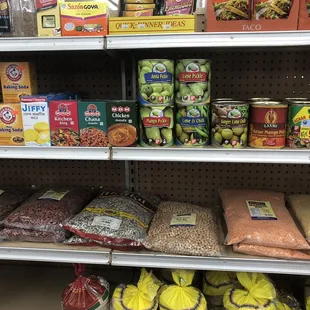 a variety of food items on shelves