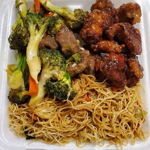 Noodles, beef broccoli and spicy chicken