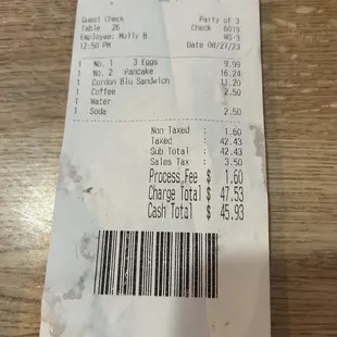 The receipt with additional fee.