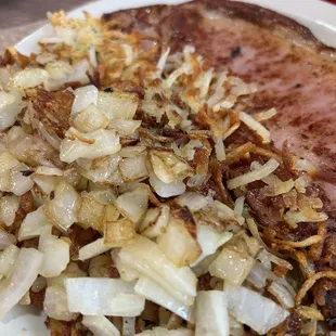 Combo #2's hash browns (added onions and well done) and country ham