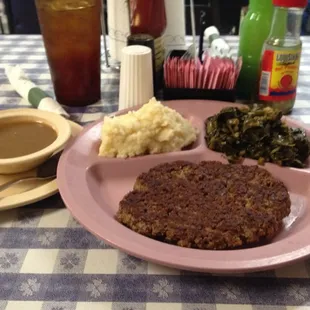 Great hamberger steak greens, real potatoes &amp; gravy