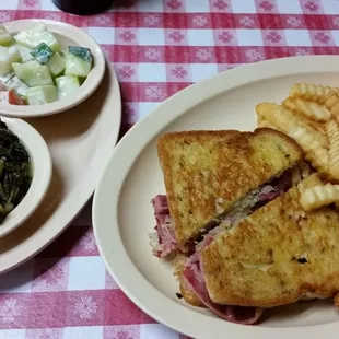 Reuben w/fries. Cucumber Salad and Turnip Greens
