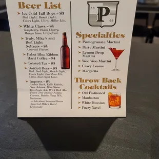 a menu for beer