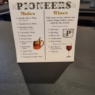 menu for drinks