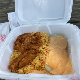 Delicious Chicken, rice and potato .. wish we got an extra container of the rice !