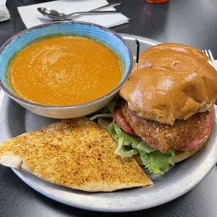 Tomato soup and The Crispy Cod Burger