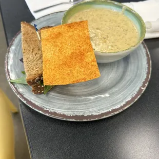 Cheddar Broccoli Soup with Half Walnut Chicken Salad Sammy.  The  Soup was the Bomb!