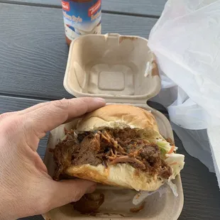 a hand holding a sandwich
