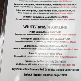 Menu from Pipin's Pub. Wine Selections.