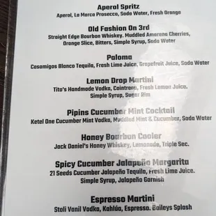Cocktail Menu from Pipin's Pub.