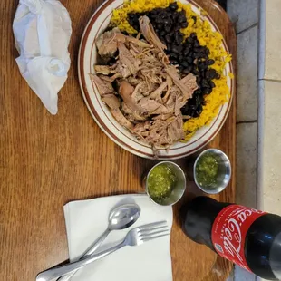 Rice, black beans, pork.