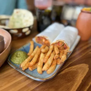 MANGO CHICKEN KATHI ROLL mango lachha, masala fries, mint garlic chutney