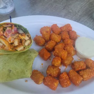Buffalo chicken wrap and Buffalo tots.
