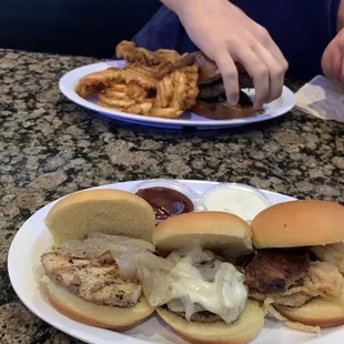 Shermanator Burger and waffle fries (He said 10/10), Slider Appetizer (grilled chicken, original Joey, and beef brisket)