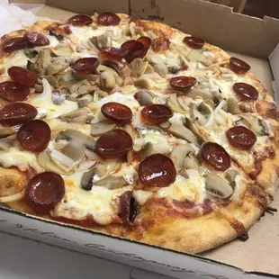 Mushroom, Pep, onion and extra mush!  Very good, especially if you like cheese.