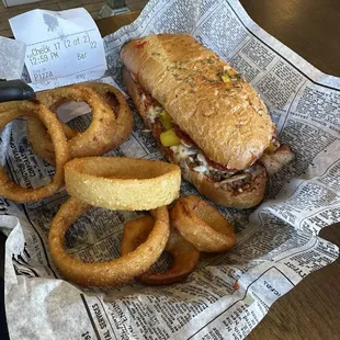 Stromboli Sandwich and Onion Rings