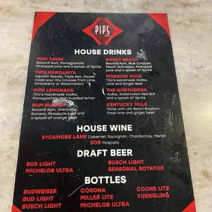 Drink menu, $1 domestic beer on Tuesday, WOW