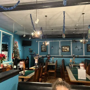 Mostly empty but decorated for Christmas.