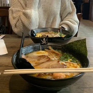 spicy tonkotsu ramen (mine) &amp; miso ramen (my friend&apos;s)