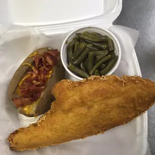 Beer battered fish with a loaded baked potato! Best fish on top of the mountain. I'm not a even a fish eater but this is one of a kind!