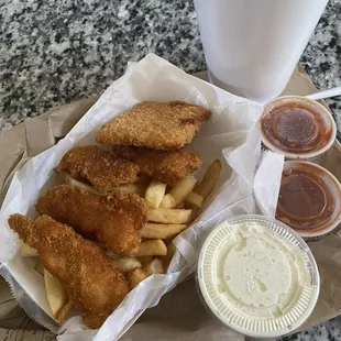 The combo platter fish squares and fried shrimp