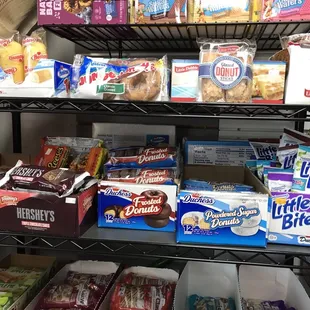 a variety of snacks on shelves