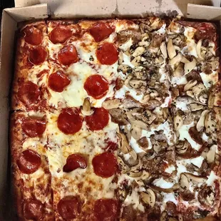 Our deep dish Sicilian half and half pizza.