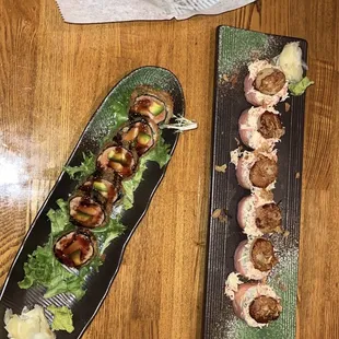 (Counterclockwise) Shrimp &amp; vegetable tempura app, spicy tuna crunch roll, shellfish bastard roll