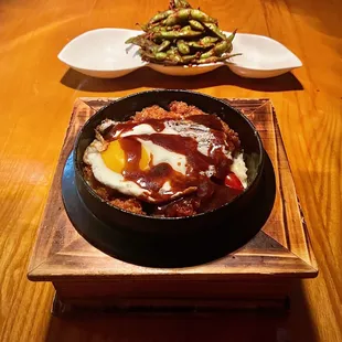 &quot;Loco Moco&quot; Chicken Katsu, Garlic Chili Edamame