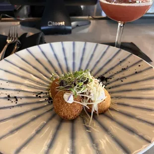 Aji De Gallina Croquettes and Pretty and Pink cocktail