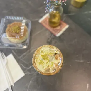 Kanafa cheesecake &amp; Pistachio Oat Milk iced latte. YUM!!