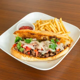 Pistachio's Tantuni Dish, (turkish street food), fresh garnish &amp; onions. Served with french fries.