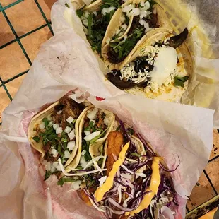 Batter Fried Fish, Mushroom &amp; Goat Cheese, Green Chile Pork, Barbacoa