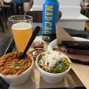 chorizo beans, esquite (made to order), brisket, spare ribs.