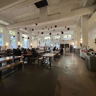 a restaurant with tables and benches